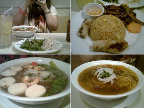 (L-R) J taking pictures, my Grilled Pork with Spring Rolls + Rice, some seafood noodles and of course, the Beef Stew.